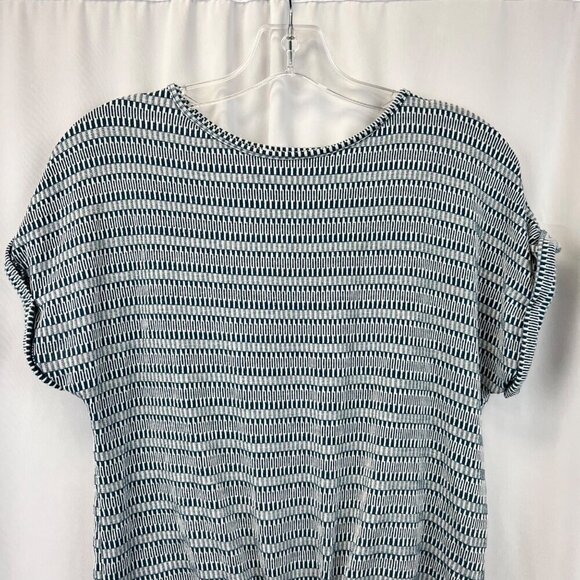 Caution to the Wind Cuffed Short Sleeve Top Knotted Front Teal/White Geometric S - Picture 2 of 8